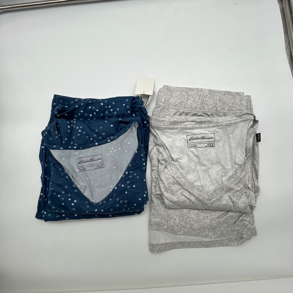 Eddie Bauer Womens Pajama Set 4 Piece XL Gray Blue Star Print Sleepwear 1555337